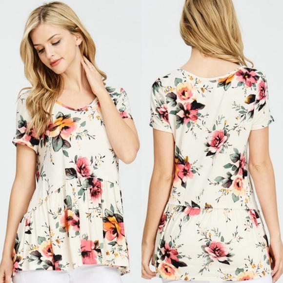 Sweetbb Tops - Cream Floral Short Sleeve Ruffle Top